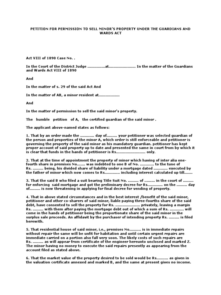 Petition For Permission To Sell Minor's Property Under The Guardians