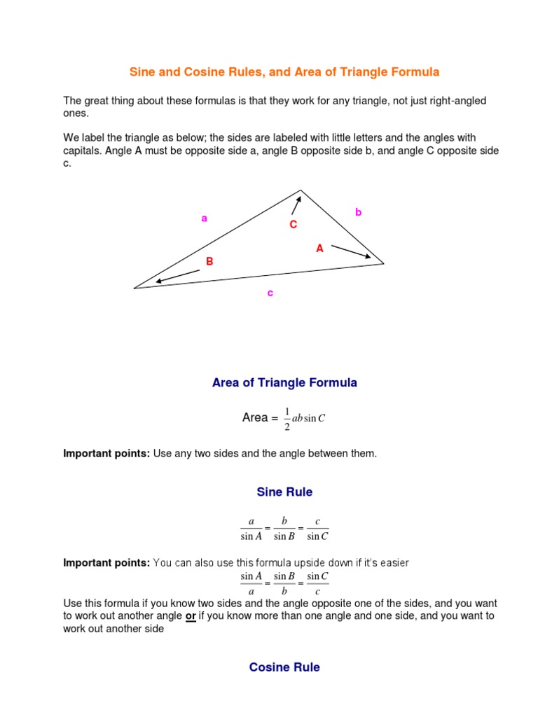 Sine and Cosine Rules for Triangle Area | PDF | Trigonometric Functions ...