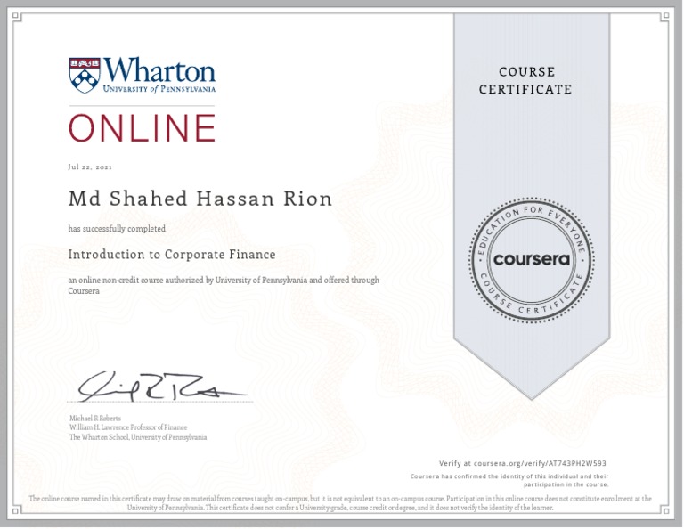 Introduction to Corporate Finance Certificate | PDF