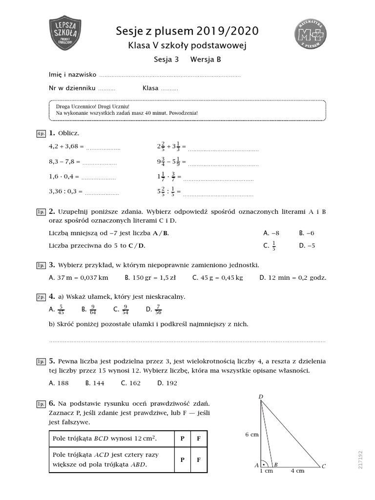 Sesja Z Plusem Klasa 4 Pierwszy Semestr Sesje Z Plusem kl.5 Sesja 3 | PDF