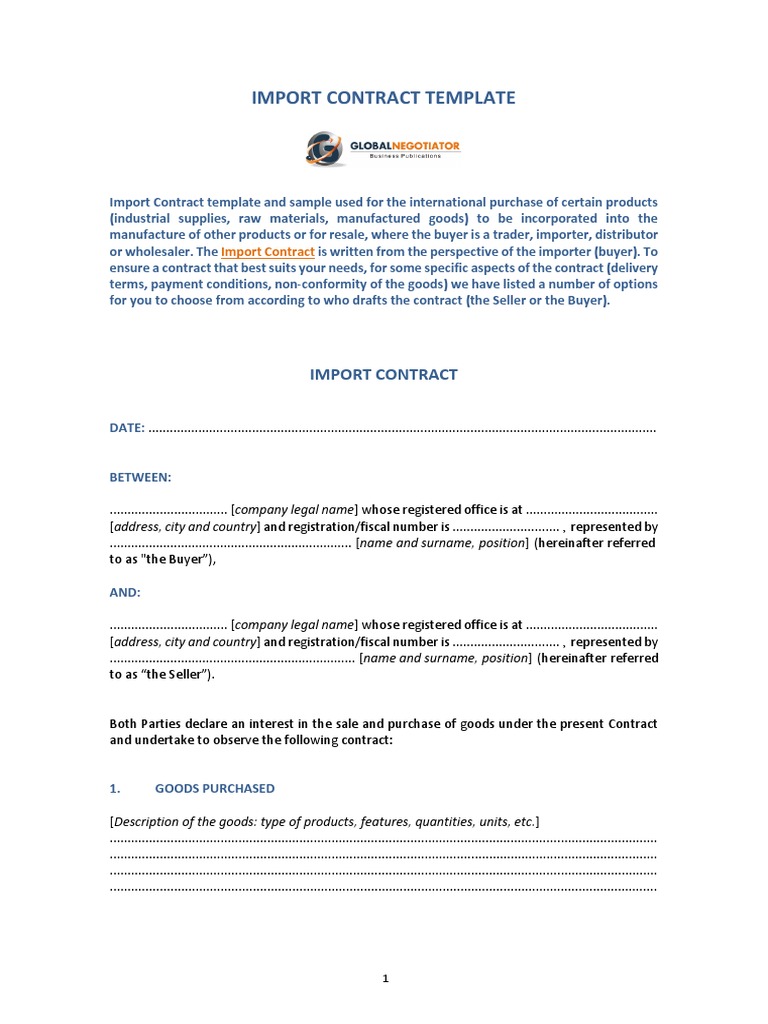 Import Contract Template Sample Pdf Private Law Justice