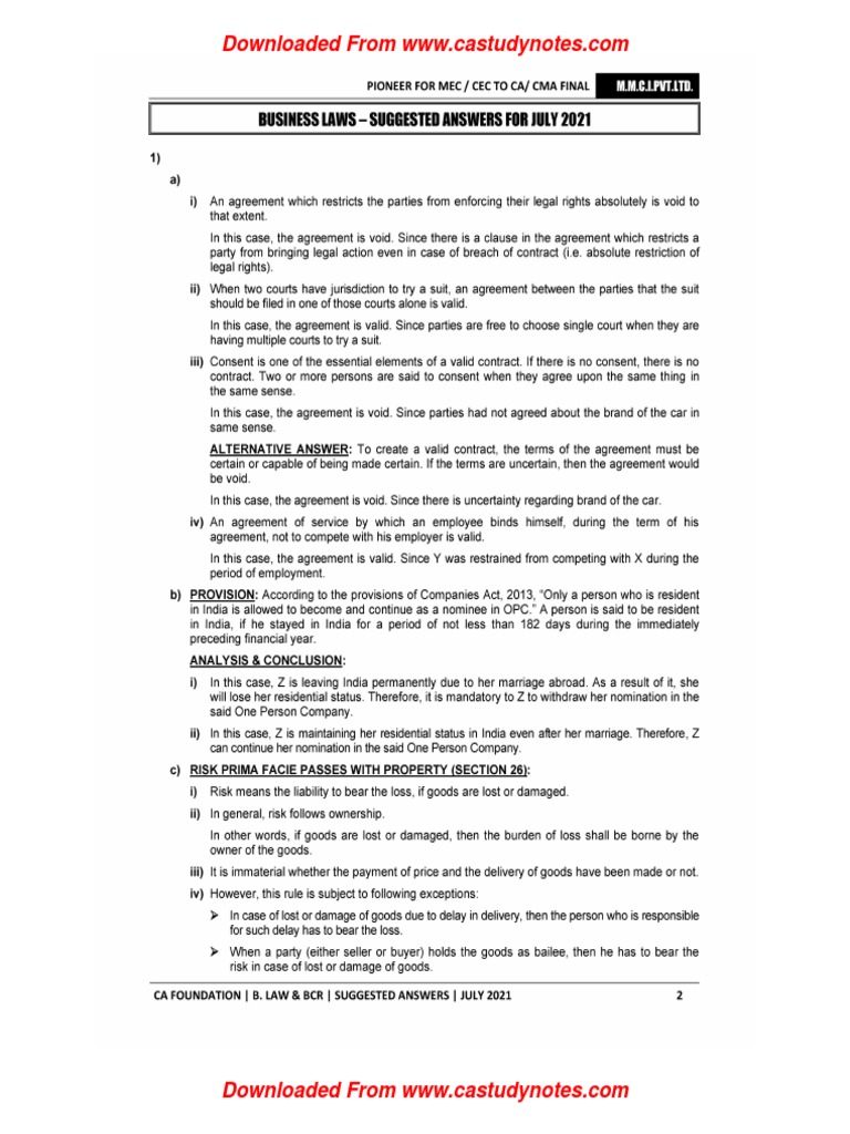 Law BCR Suggested Ans With Question Paper July21 | PDF