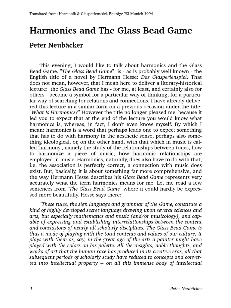 Harmonics and The Glass Bead Game Peter Neubäcker PDF Pitch (Music