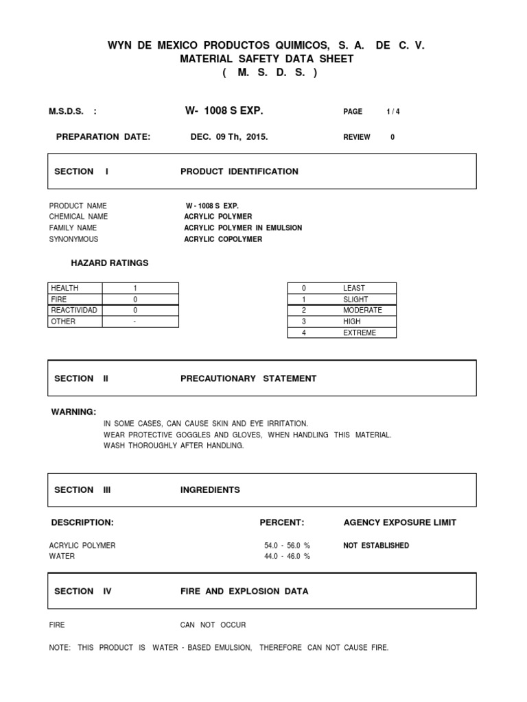 MSDS 1008 S Eng. Exp. Rev. 0 15 PDF Poly(Methyl Methacrylate) Water