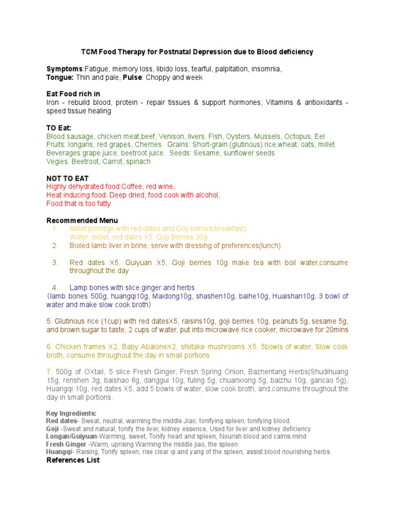 CMED411 ORal PResentation Handout Jun PanTCM Food Therapy For Postnatal Depression Due To