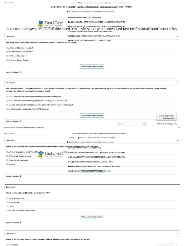 Automation Anywhere Certified Advanced RPA Professional (V11