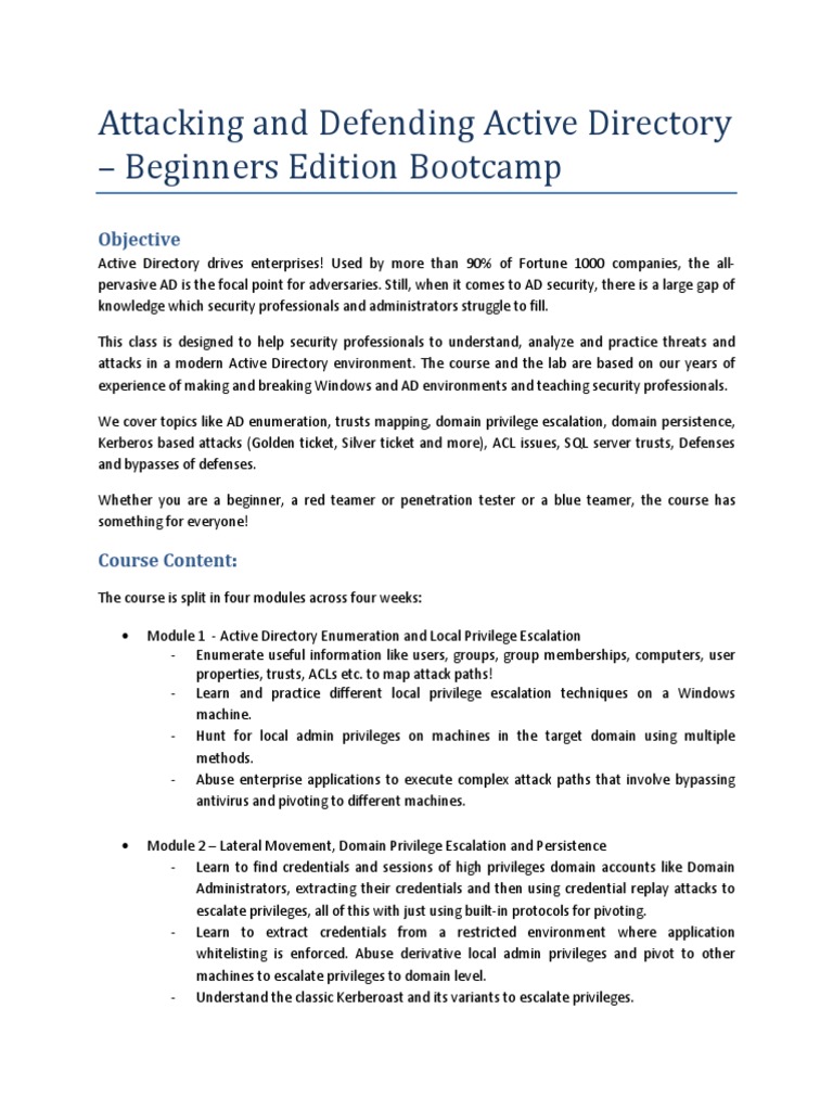 AD Security: Attacks & Defenses Bootcamp | PDF | Active Directory ...