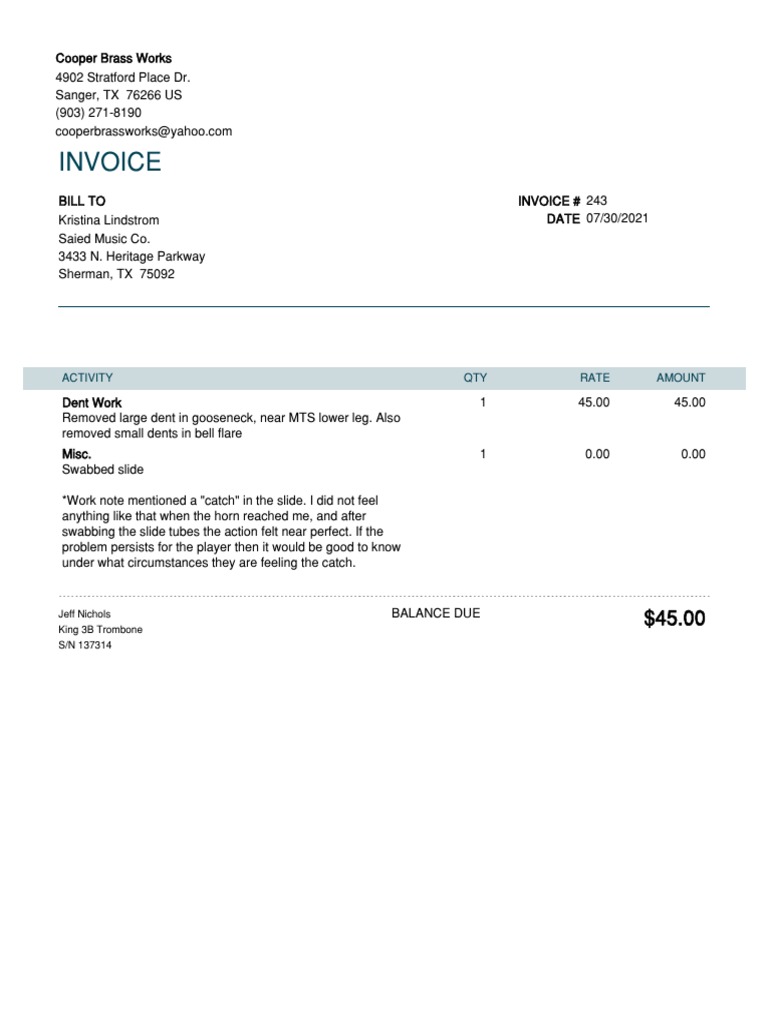 Invoice for Dent Repair Services | PDF