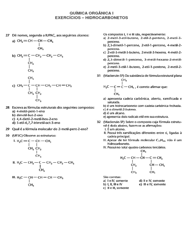 Exercícios Nomenclatura Hidrocarbonetos | PDF