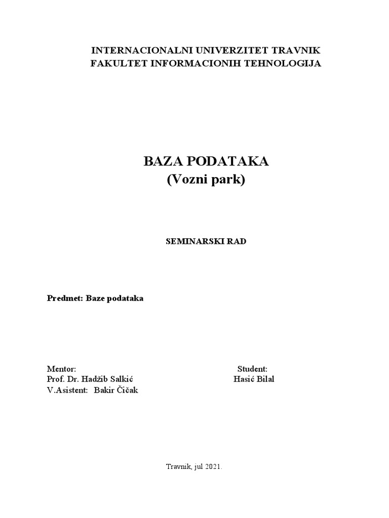 Baza podataka vozni park internacionalni univerzitet travnik