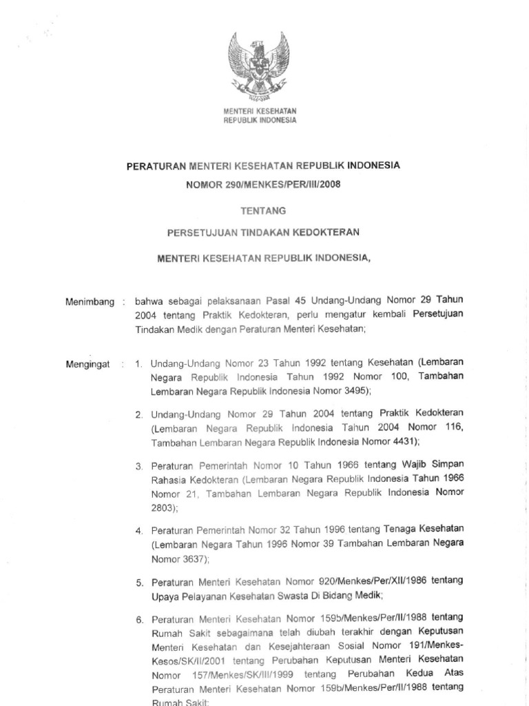 Pmk No 290 Ttg Persetujuan Tindakan Kedokteran Pdf