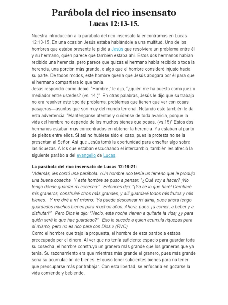 Parábola del rico insensato en Lucas | PDF | Jesús | Parábolas de Jesús