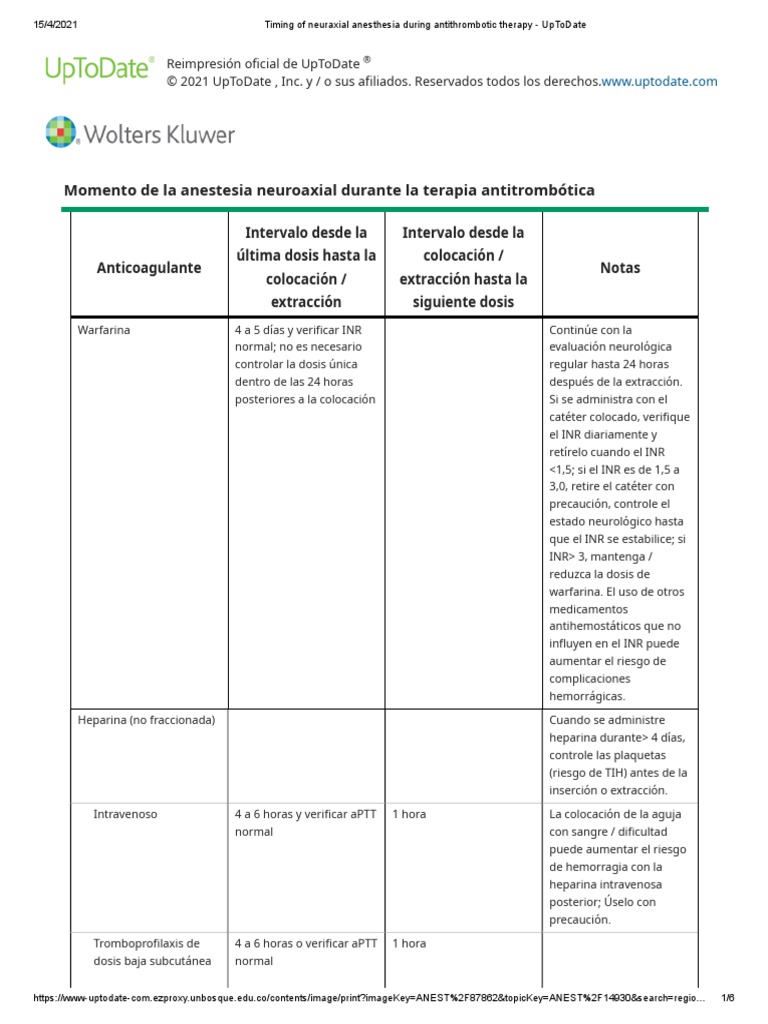 Timing of Neuraxial Anesthesia During Antithrombotic Therapy UpToDate