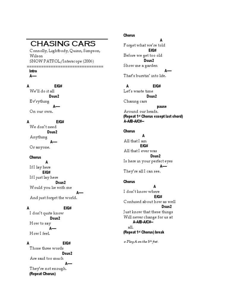 Chasing Cars - Guitar Chords/Lyrics
