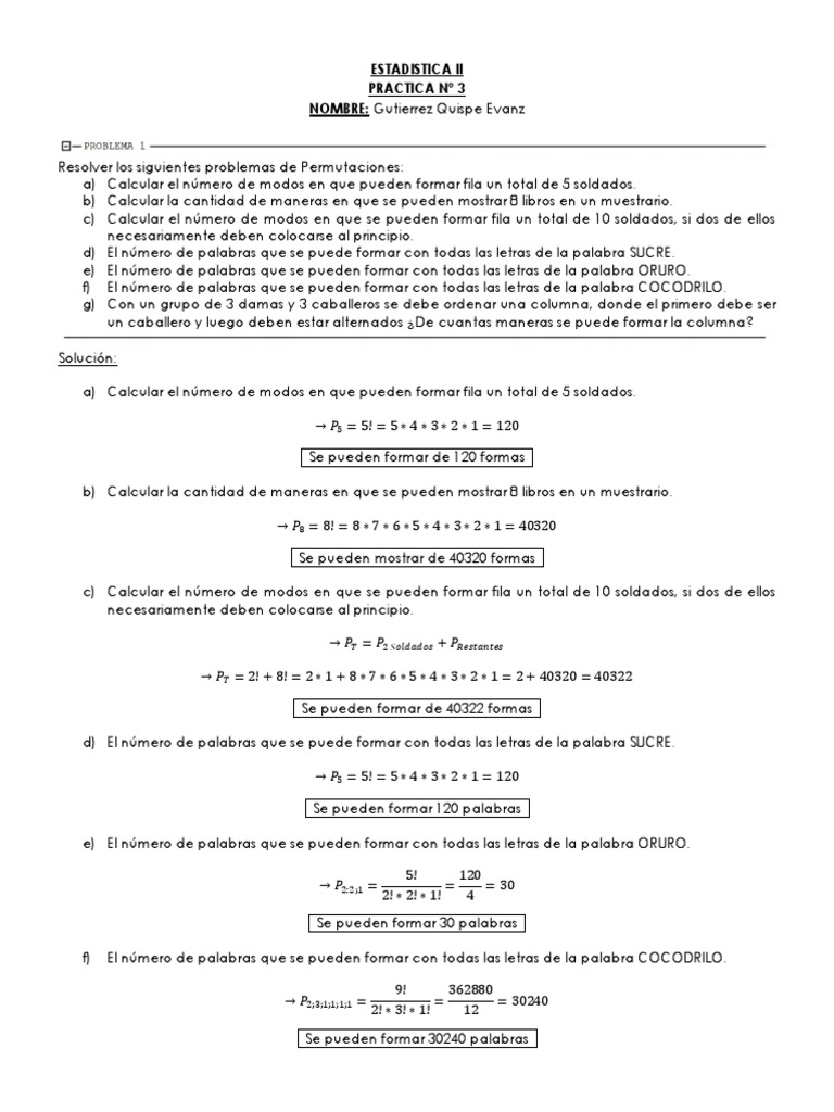 Ejercicios de Permutaciones y Combinaciones | PDF | Combinatoria