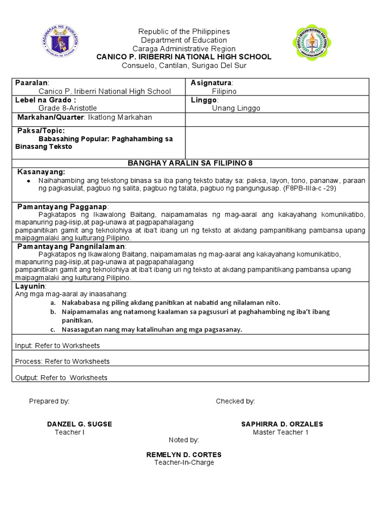 Lesson Plan in Filipino 8 | PDF