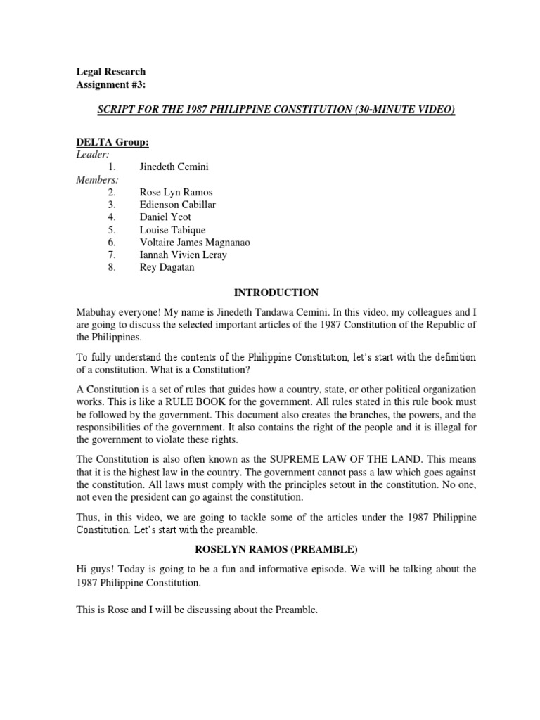 Script For The 1987 Philippine Constitution (30-Minute Video) | PDF ...