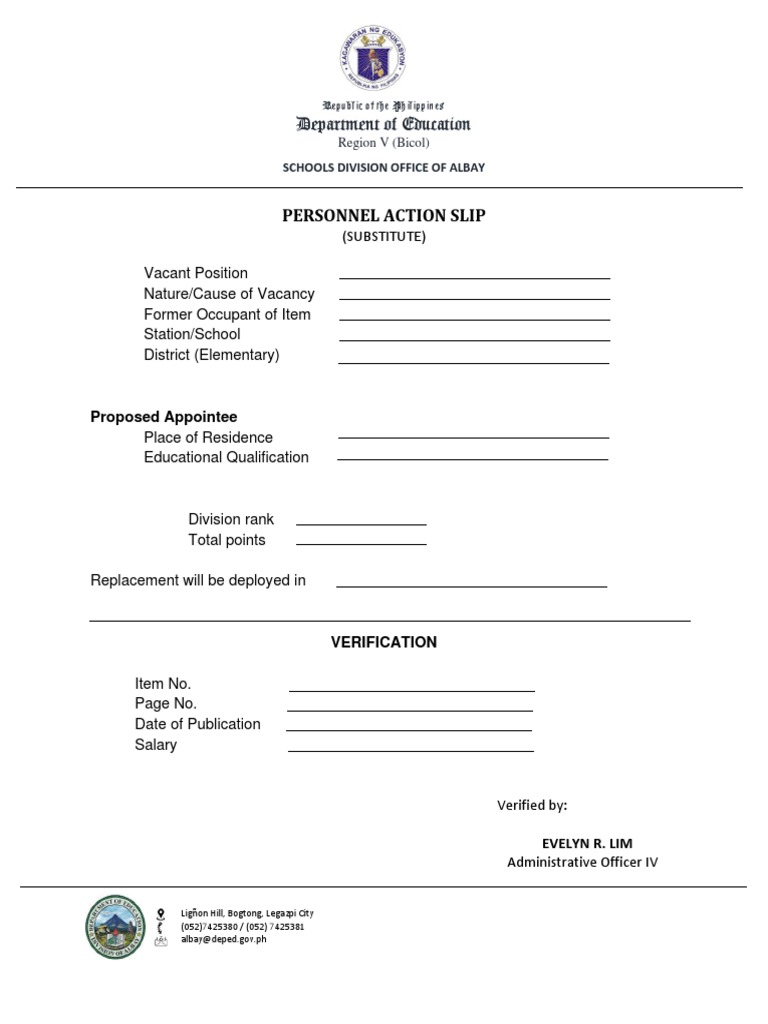 Personnel Action Slip Department of Education PDF