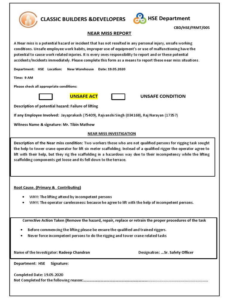 HSE Department Classic Builders &developers: Near Miss Report | PDF ...