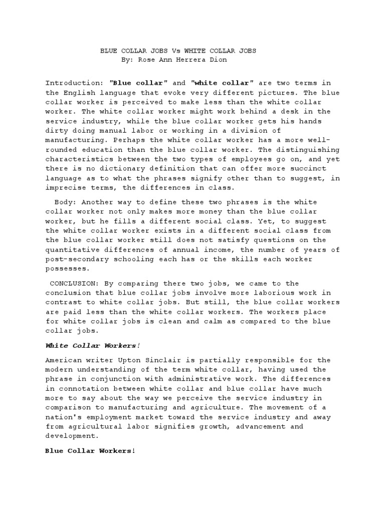 BLUE COLLAR JOBS Vs WHITE COLLAR JOBS. PDF Blue Collar Worker