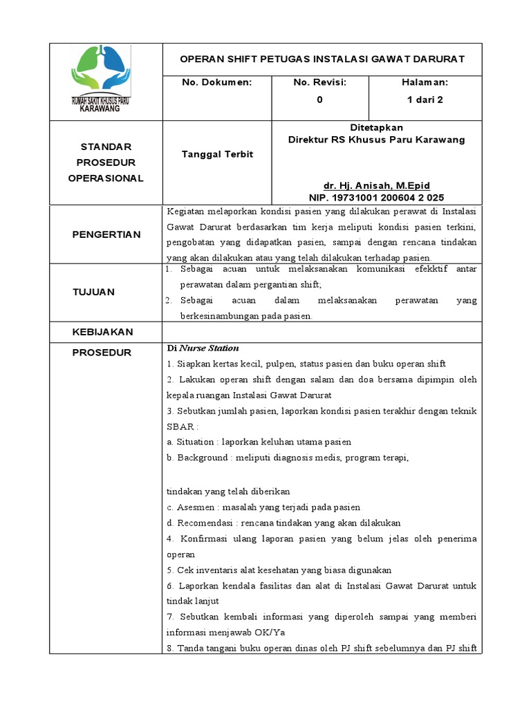 Prosedur Operan Shift Perawat IGD | PDF