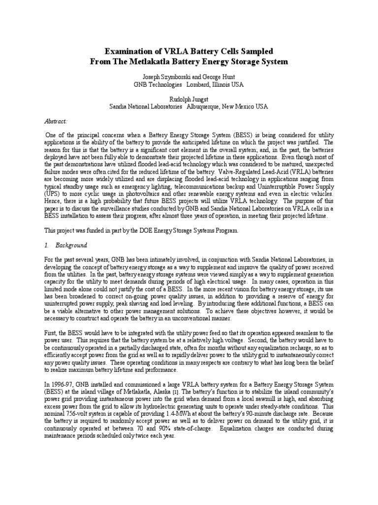 Examination of VRLA Battery Cells Sampled From The Metlakatla Battery