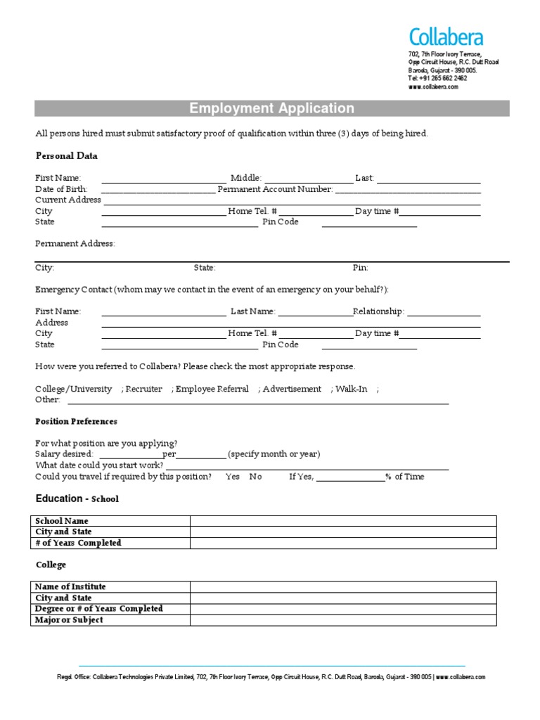 Collabera Employment Application | PDF | Employment | Labour