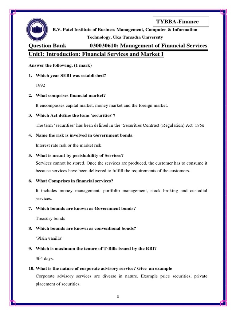 Financial Services Management Question Bank | PDF | Factoring (Finance ...