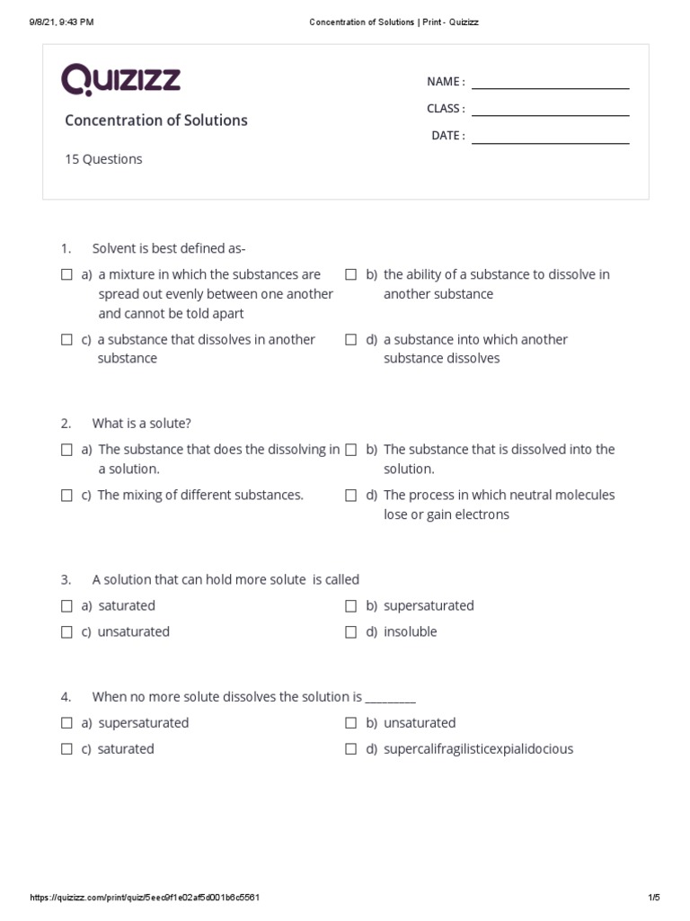 Concentration of Solutions Print Quizizz PDF Solution Solvation