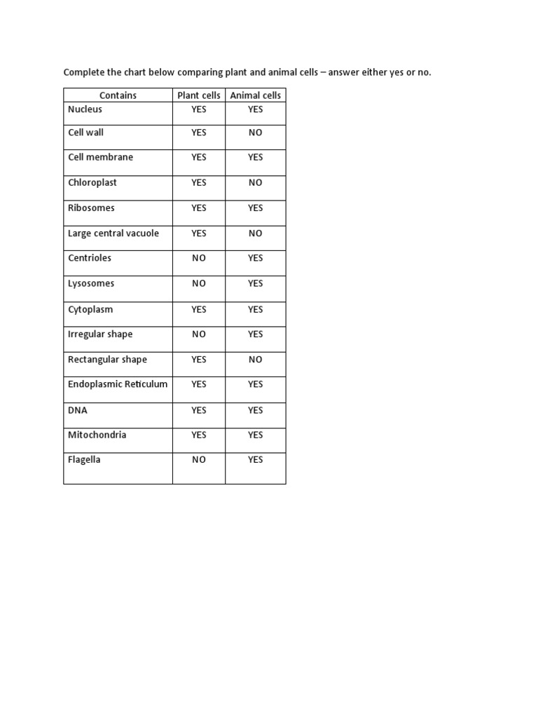 Plant vs Animal Cells Comparison Chart | PDF