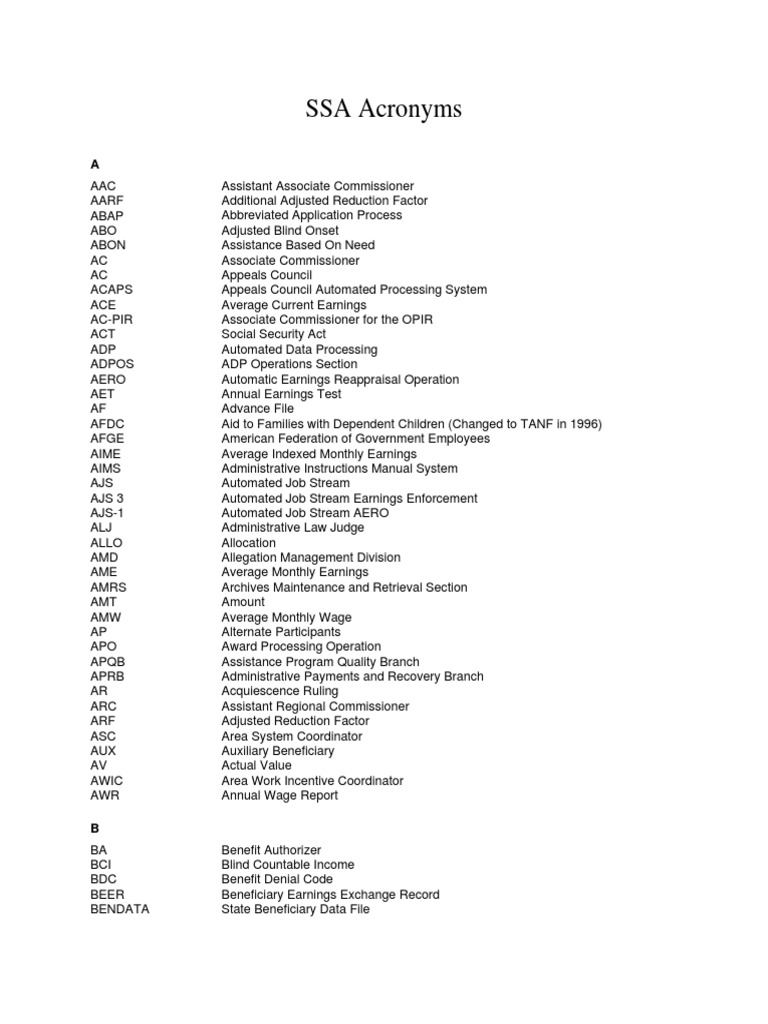 SSA Acronyms PDF Social Security Administration Supplemental Security