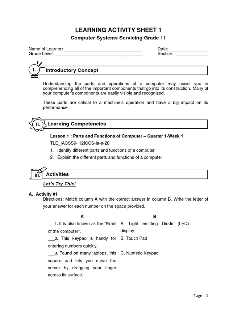 Learning Activity Sheet 1: Computer Systems Servicing Grade 11 | PDF ...