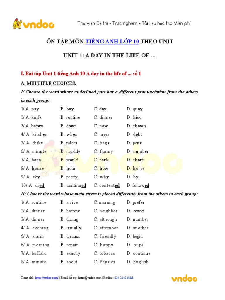 Bai Tap Tieng Anh Lop 10 Unit 1 A Day in The Life of | PDF | Microorganism