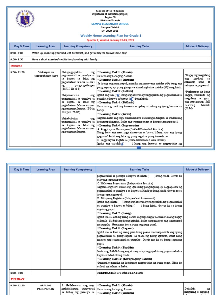 Grade 1 - All Subjects - WHLP - Q2 - W4 | PDF