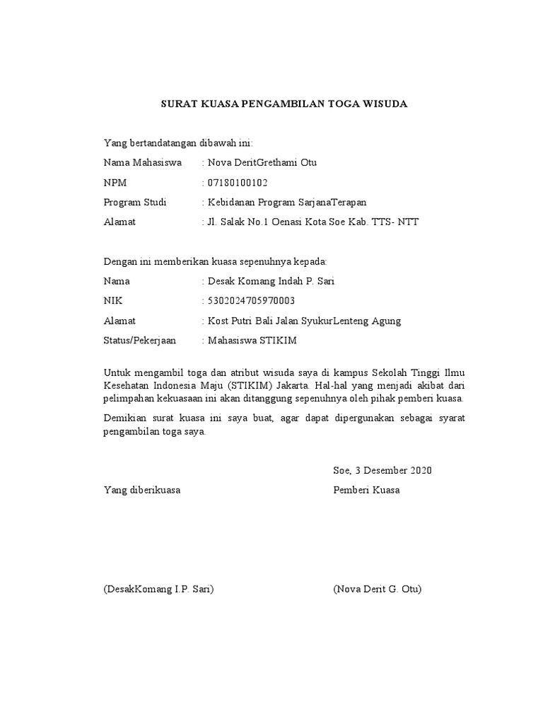 Surat Kuasa Pengambilan Toga Wisuda | PDF