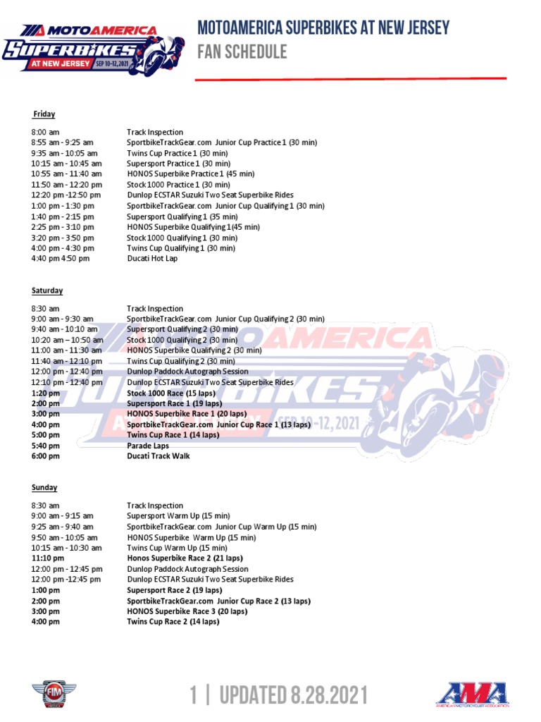 2021 MotoAmerica New Jersey Fan Schedule | PDF