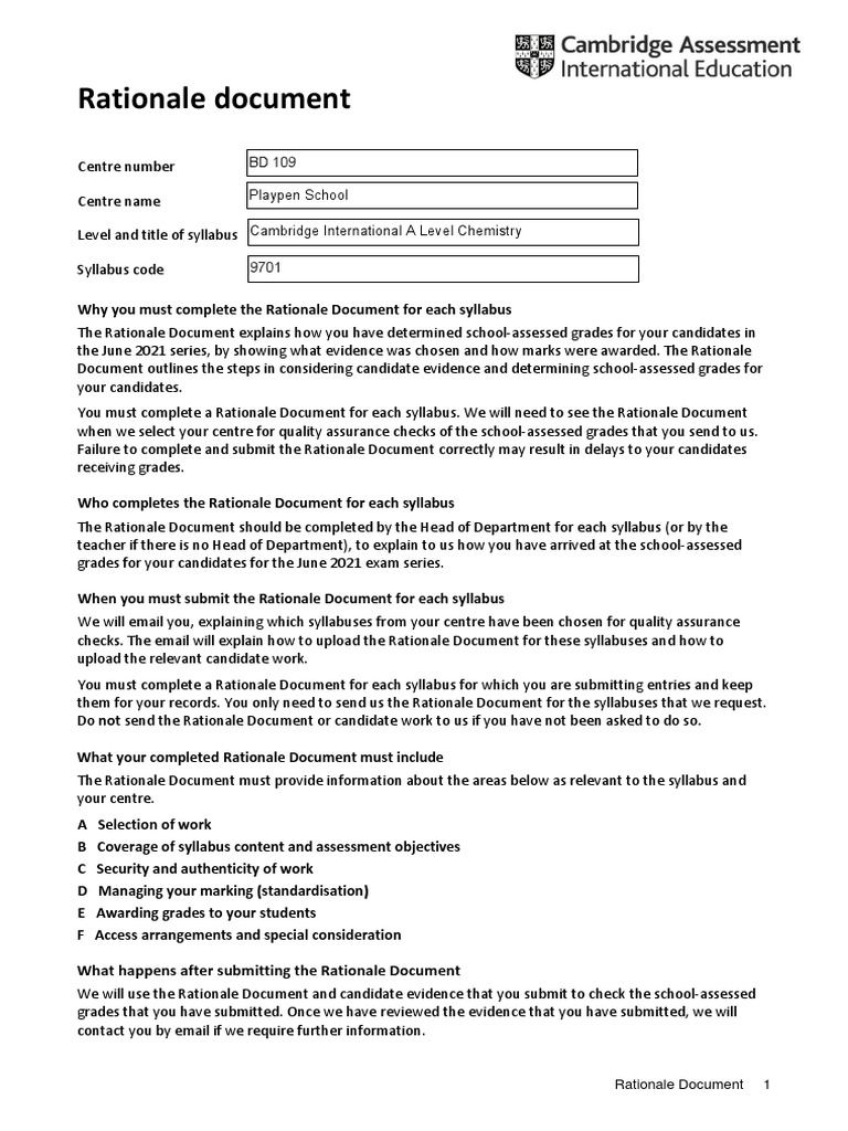 Rationale Document for School-Assessed Grades | PDF | Test (Assessment ...