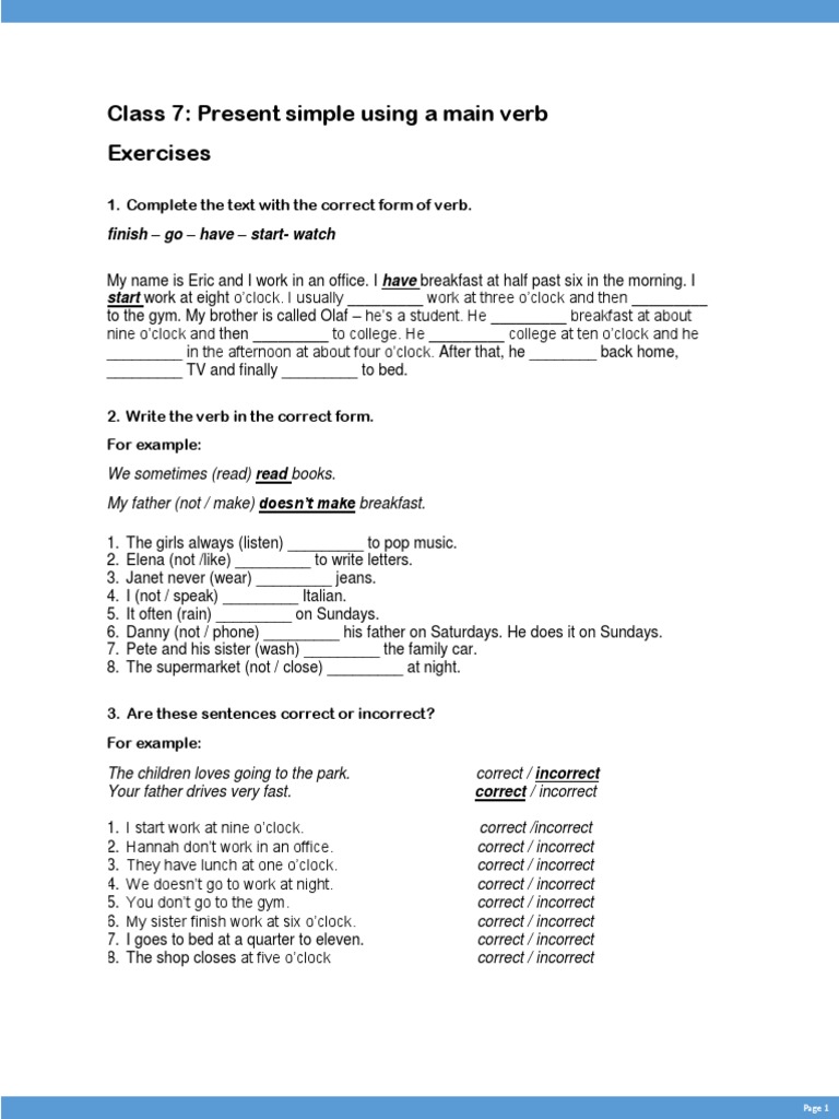 Class 7 Present Simple Main Verb Exercises Pdf