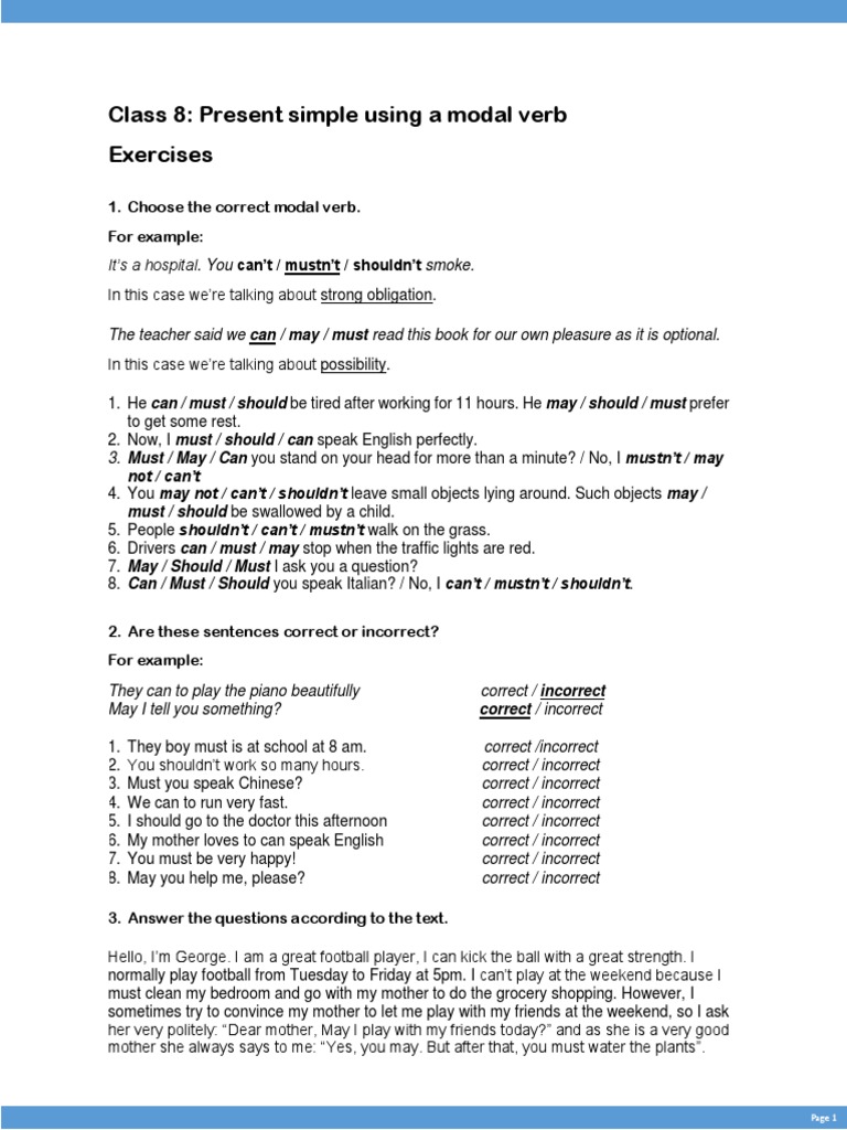 class 8 present simple modal verb exercises pdf verb