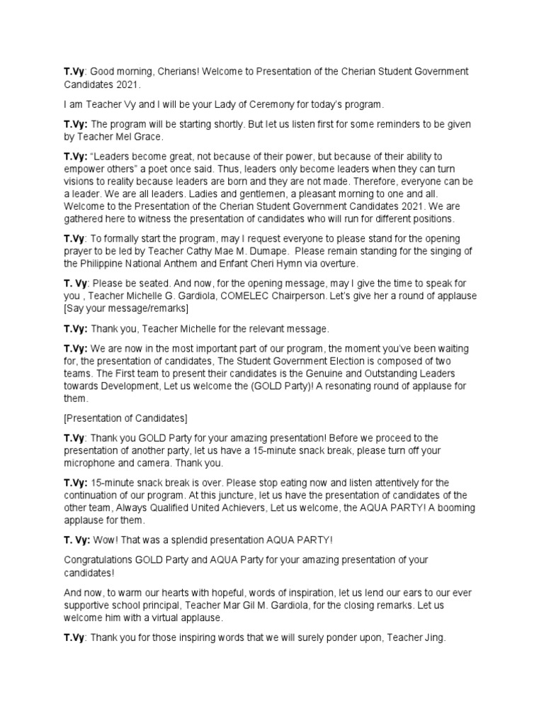 Script - Presentation of The Cherian Student Government Candidates | PDF