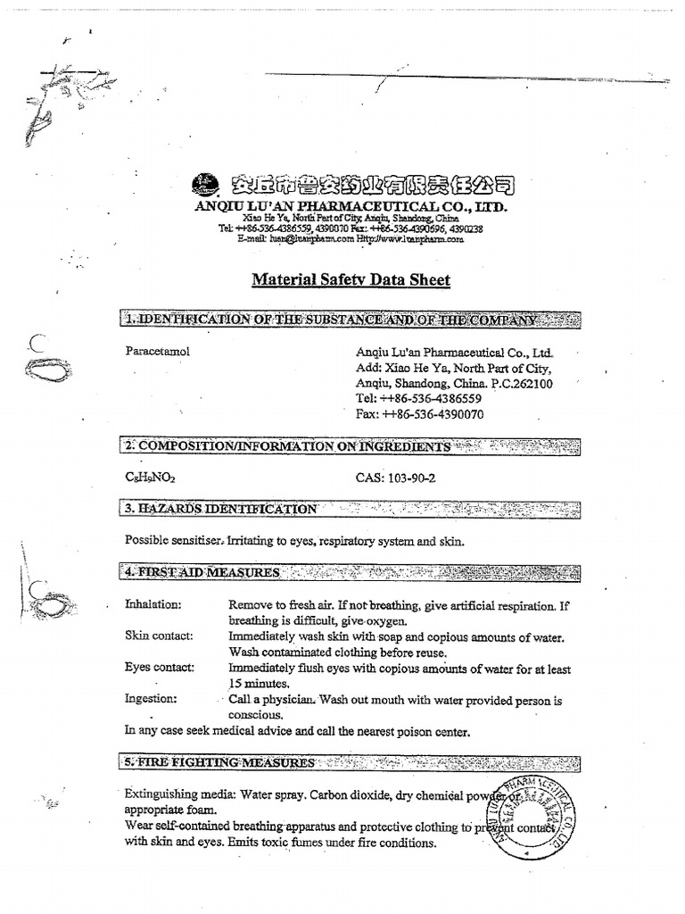 Msds Acetaminophen (Paracetamol) Ex Anqui Luan PDF