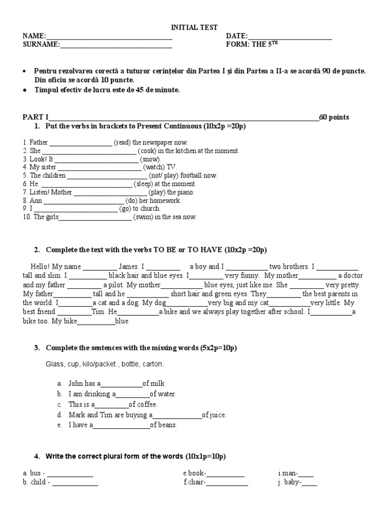 Test Initial Clasa A 5 | PDF | Language Mechanics | Linguistics
