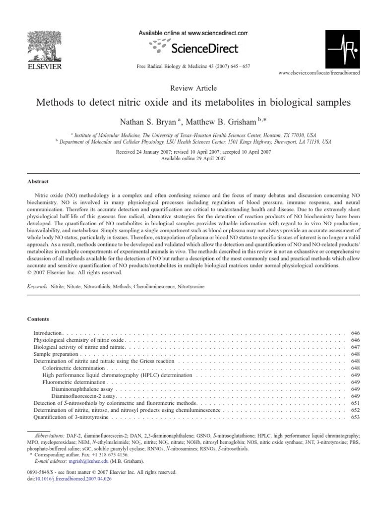 Methods To Detect Nitric Oxide and Its Metabolites in Biological ...