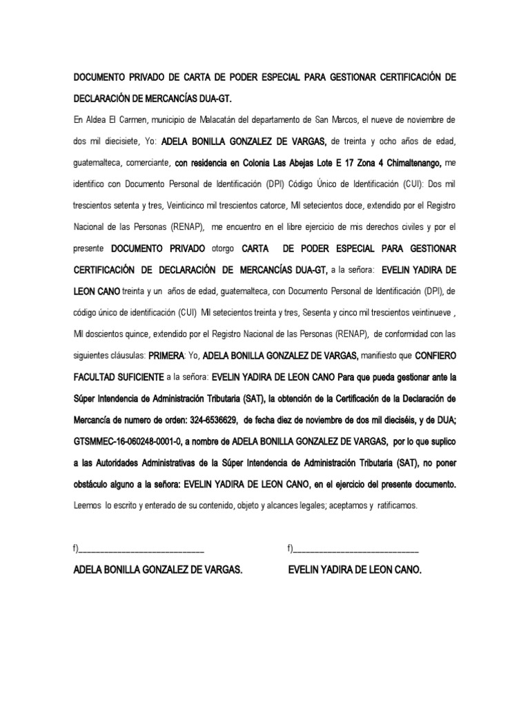 Documento Privado de Carta de Poder Especial para Gestionar ...
