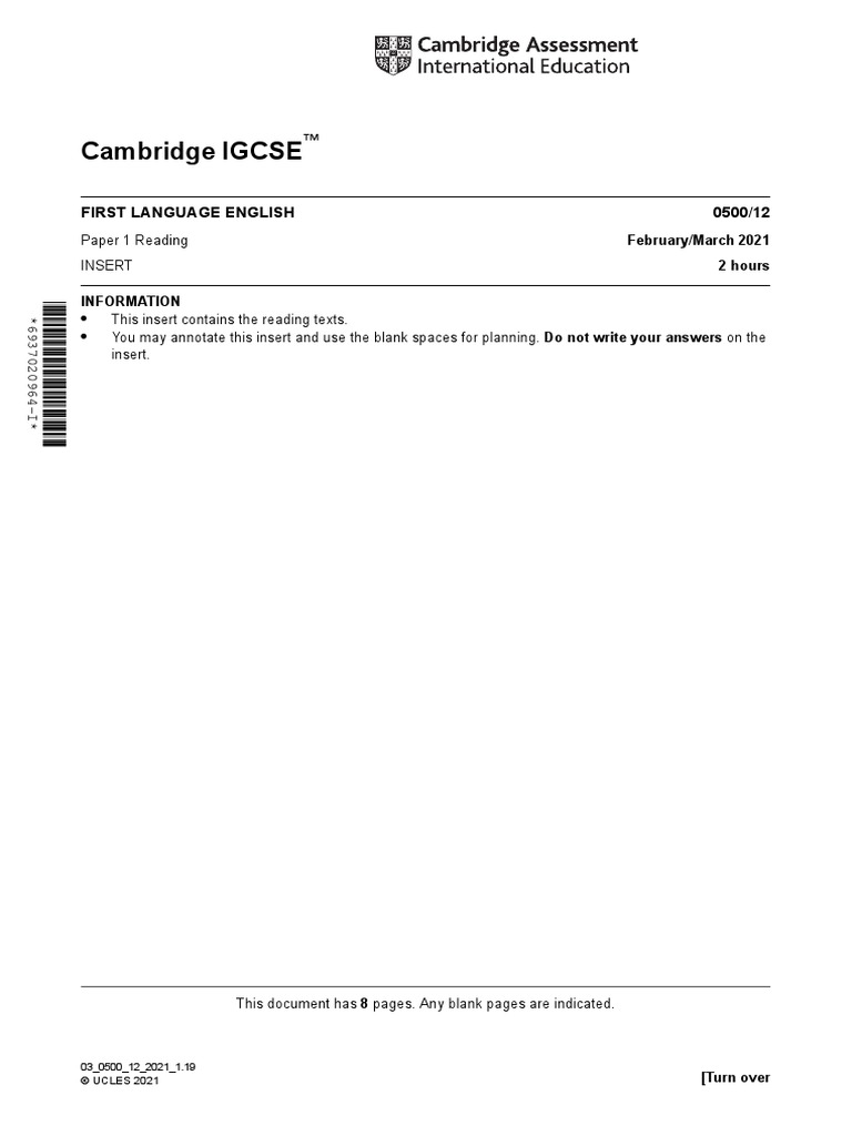 Cambridge IGCSE: 0500/12 First Language English | PDF | Copyright ...