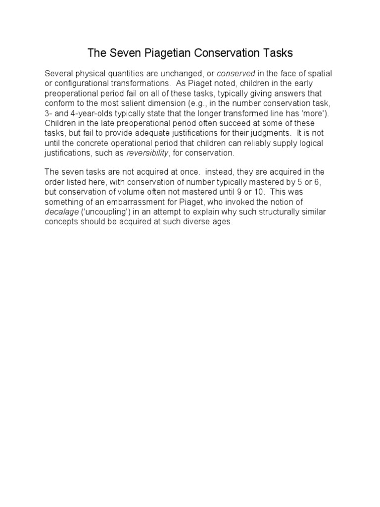 The Seven Piagetian Conservation Tasks | PDF