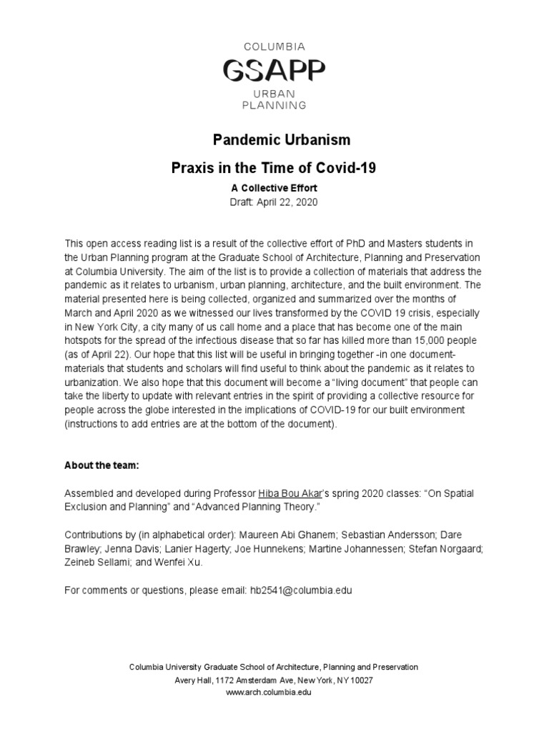 Pandemic Urbanism Praxis in The Time of Covid-19: A Collective Effort ...