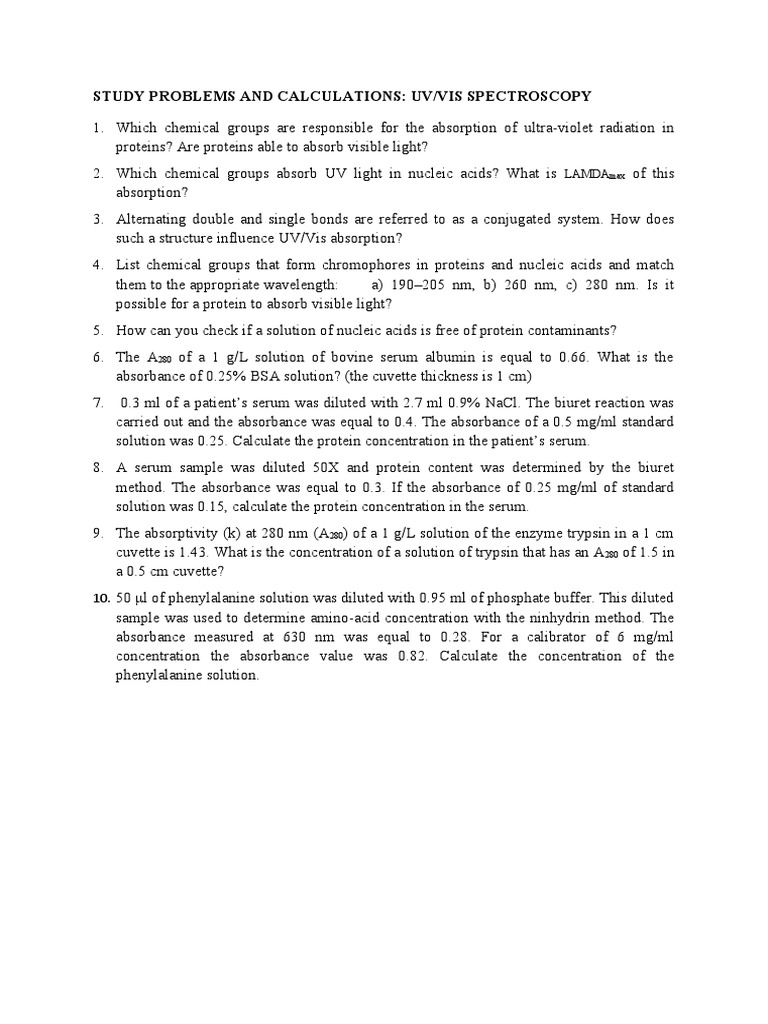 Study Problems and Calculations Uv/Vis Spectroscopy Lamda PDF