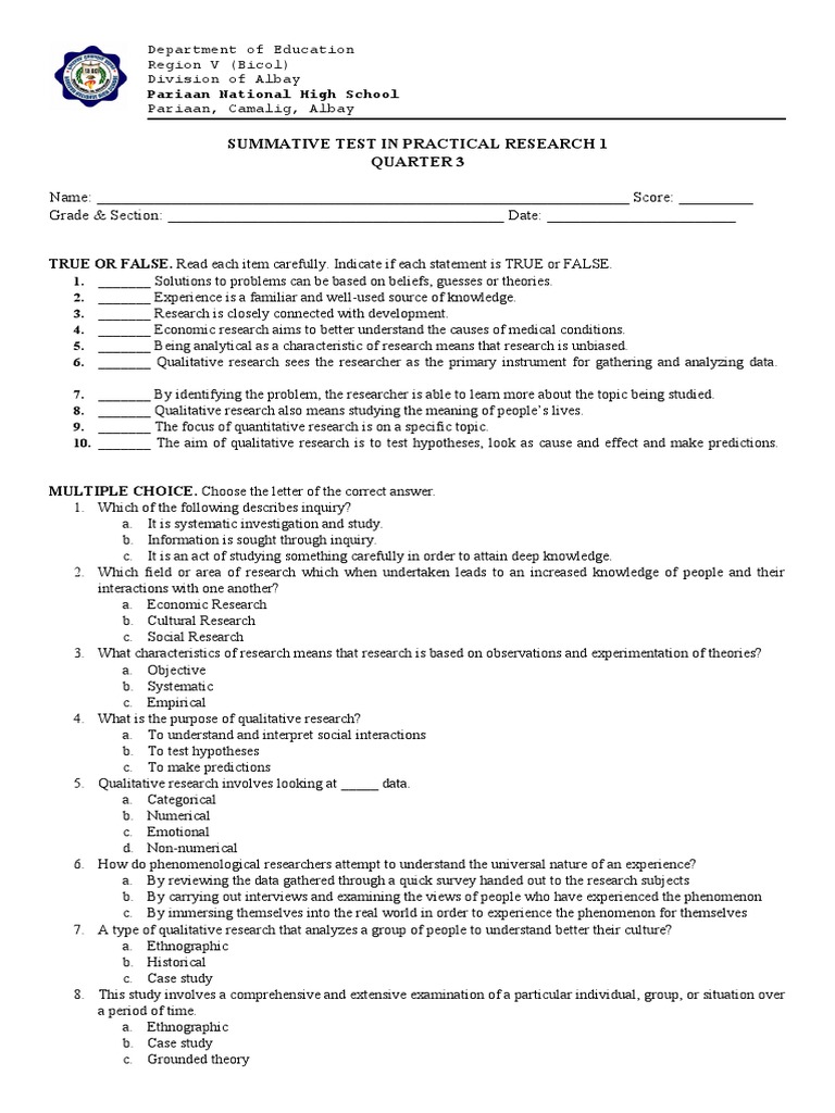 Summative Test in Practical Research 1 | PDF | Qualitative Research ...