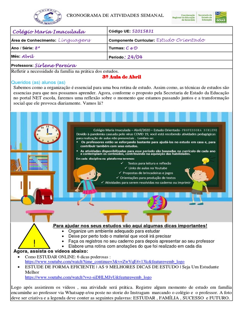 ABRIL ESTUDO ORIENTADO CRONOGRAMA DE ATIVIDADES 9ºs | PDF